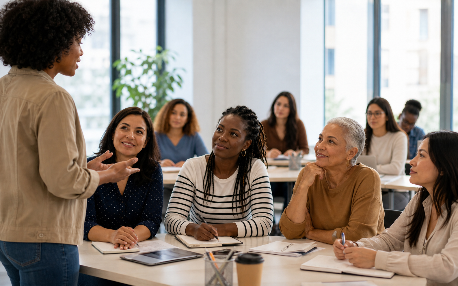 Mulheres diversas participando de uma formação em ambiente educacional.