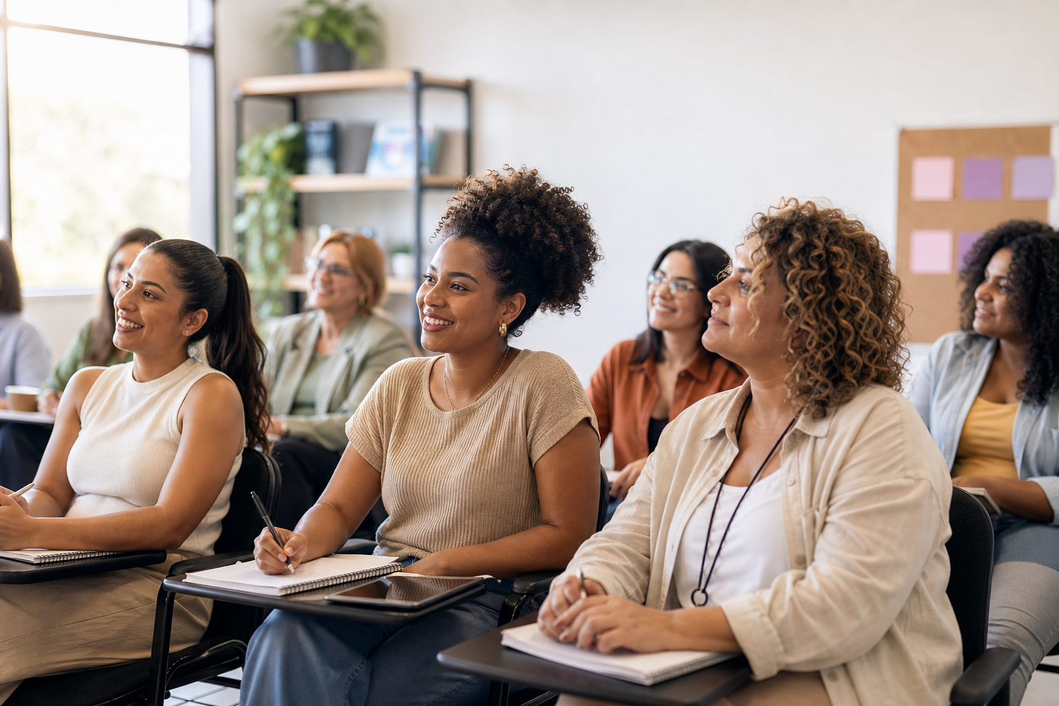 Mulheres participando de uma formação em ambiente educacional acolhedor.
